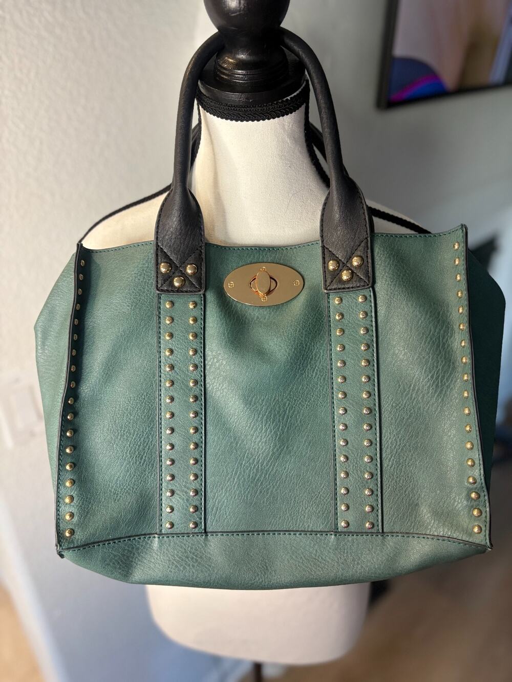 Studded Vegan Leather Tote Bag Handbag, Green with Gold Rivets & Turn-Lock